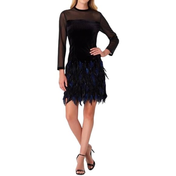 Tahari ASL Illusion Velour Mesh Feather Skirt Cocktail Dress Sz 2 - Picture 1 of 12